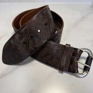 BRAVE Beltworks Wide Tooled Italian Leather Belt Size 34 Brown Boho Handcrafted
